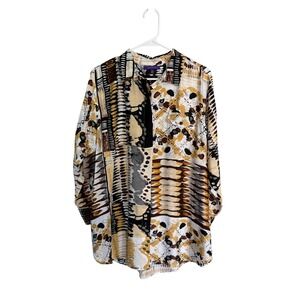 Indikka Womens Silk Blend Abstract Tribal Print Button Down Shirt Mustard Brown